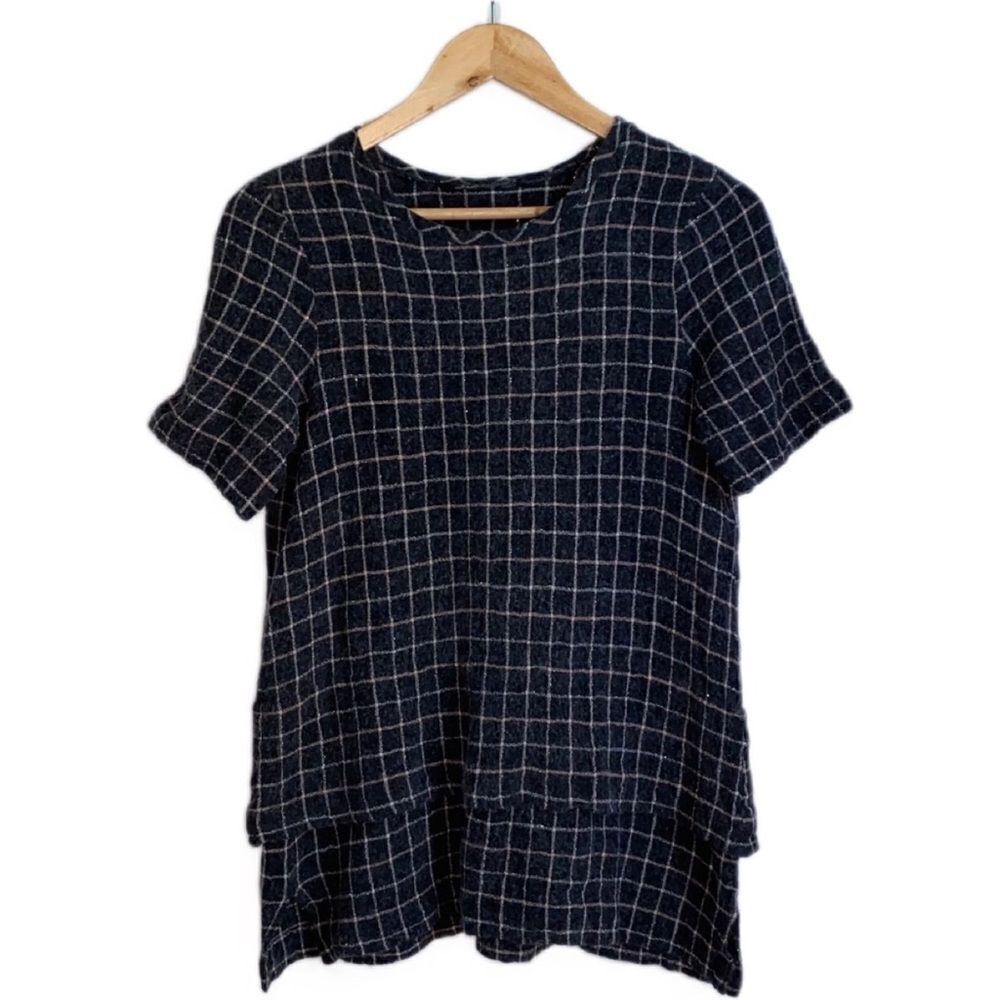 ZARA Grey Pink White Plaid Window Boxy Fit High-low Pain Print Top Size XS